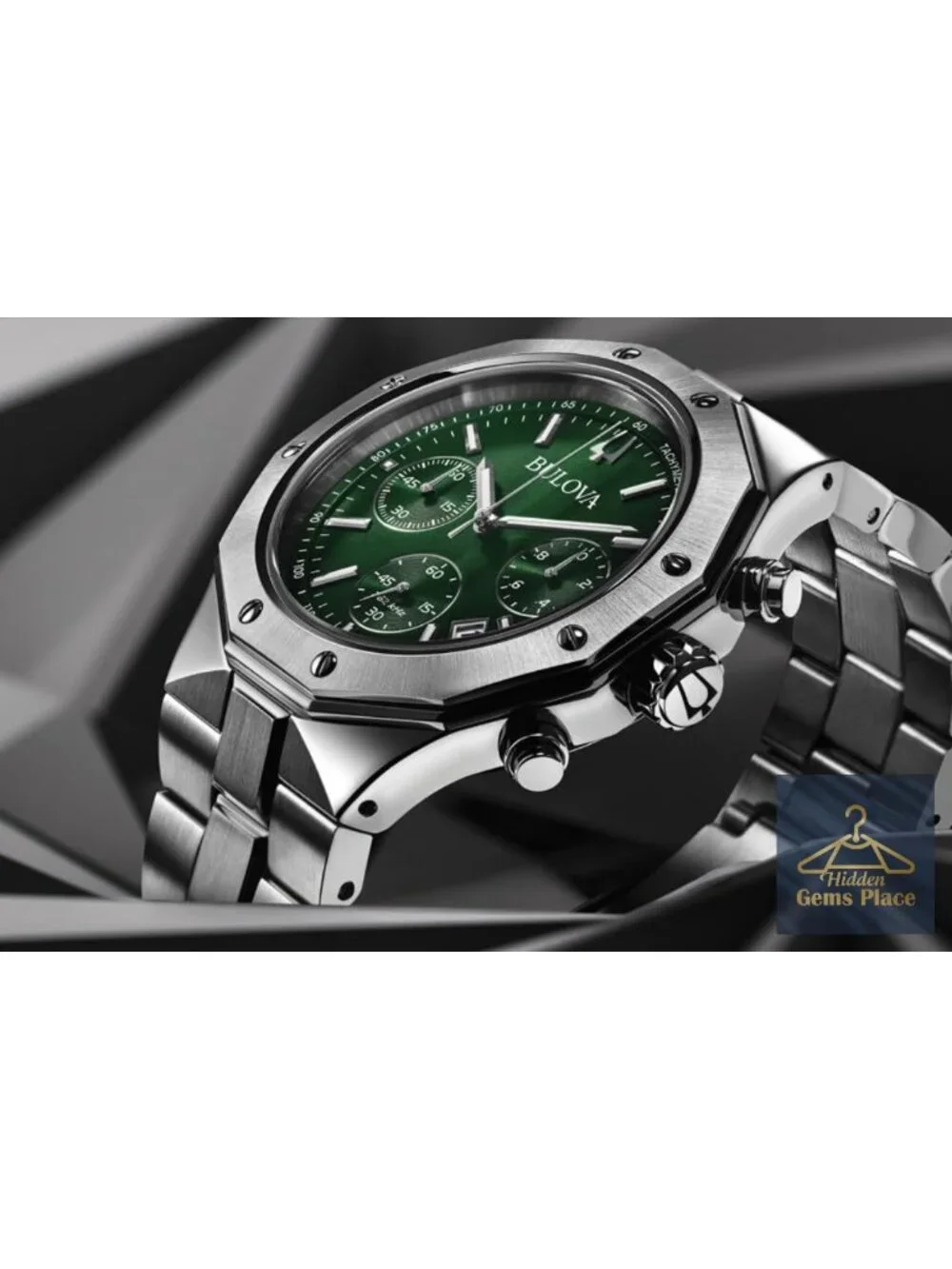 Men's Classic 6-Hand Chronograph Stainless Steel Watch with Green Dial and